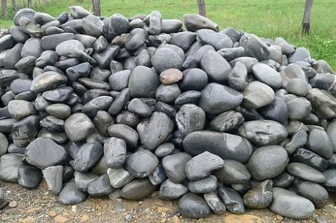 Kamenclub.ru: Темно-серый валунчик фр.100-300 мм.  купить в Новороссийске крупный природный камень серый, темно-серый, светло-серый речная галька большого размера окатанная 4500 руб/т   фото КАМЕНЬ КЛУБ